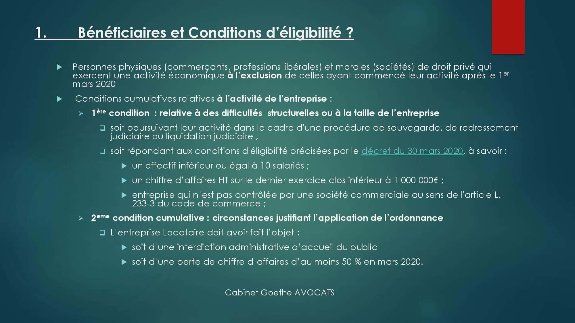 Diapositive : bénéficiaires de l’ordonnance – 10 salariés maximum, CA sous 1 M€, fermeture au public ou perte de 50 % du CA